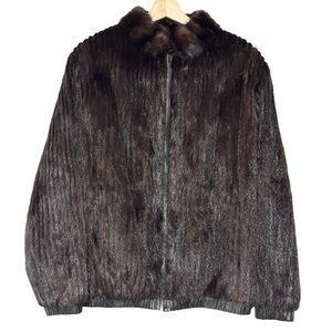 Vintage Dark Brown Sheered Mink Fur Coat Reversible‎ Leather Bomber Jacket